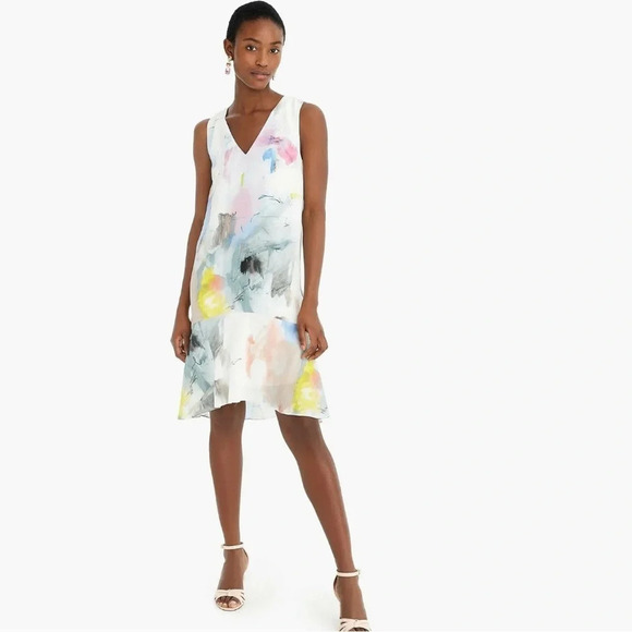 J. CREW  365 WATERCOLOR SILK SLEEVELESS V-NECK DRESS LUXE ART TO WEAR SIZE 4 - Picture 7 of 10